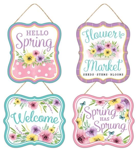 7"Hx6"L 4 Asst Embossed Tin Spring Sign -  4Asst;Pink/Lvndr/Teal/Ylw Craig Bachman Signs MD1069
