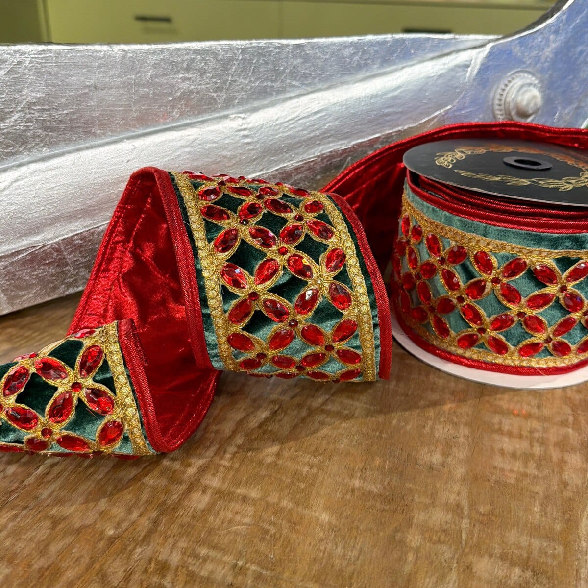 John Mark Ribbon - 4"x5yd - Green Velvet Red Floret Center Metallic Dupion Trim Red