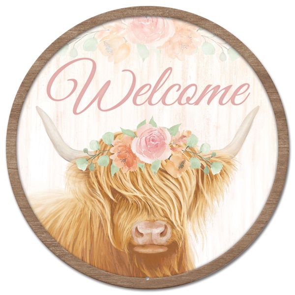 12"Dia Metal Welcome W/Cow Sign - Brown/Cream/Dusty Rose