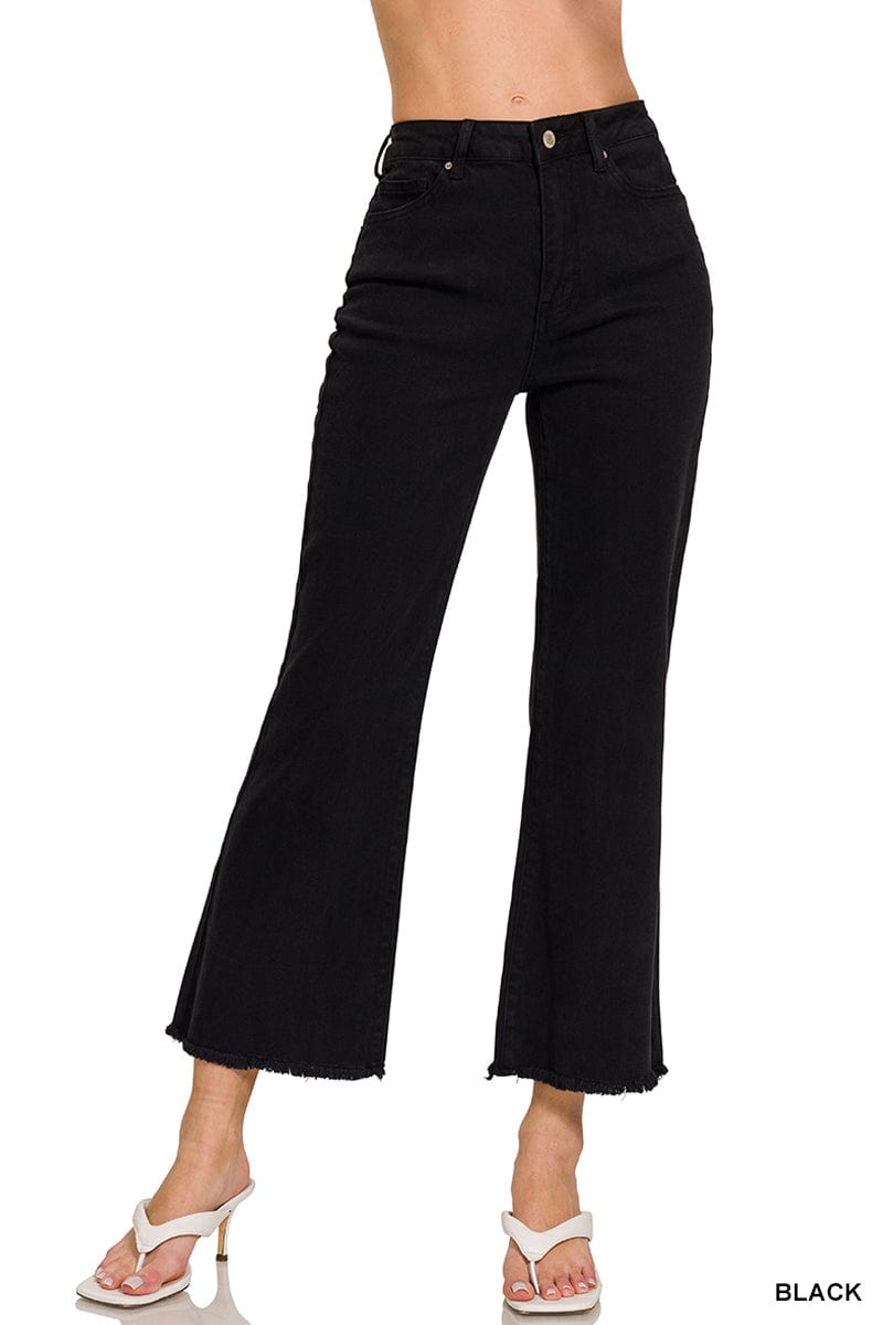 ACID WASHED HIGH WAIST FRAYED HEM BOOTCUT PANTS ZENANA