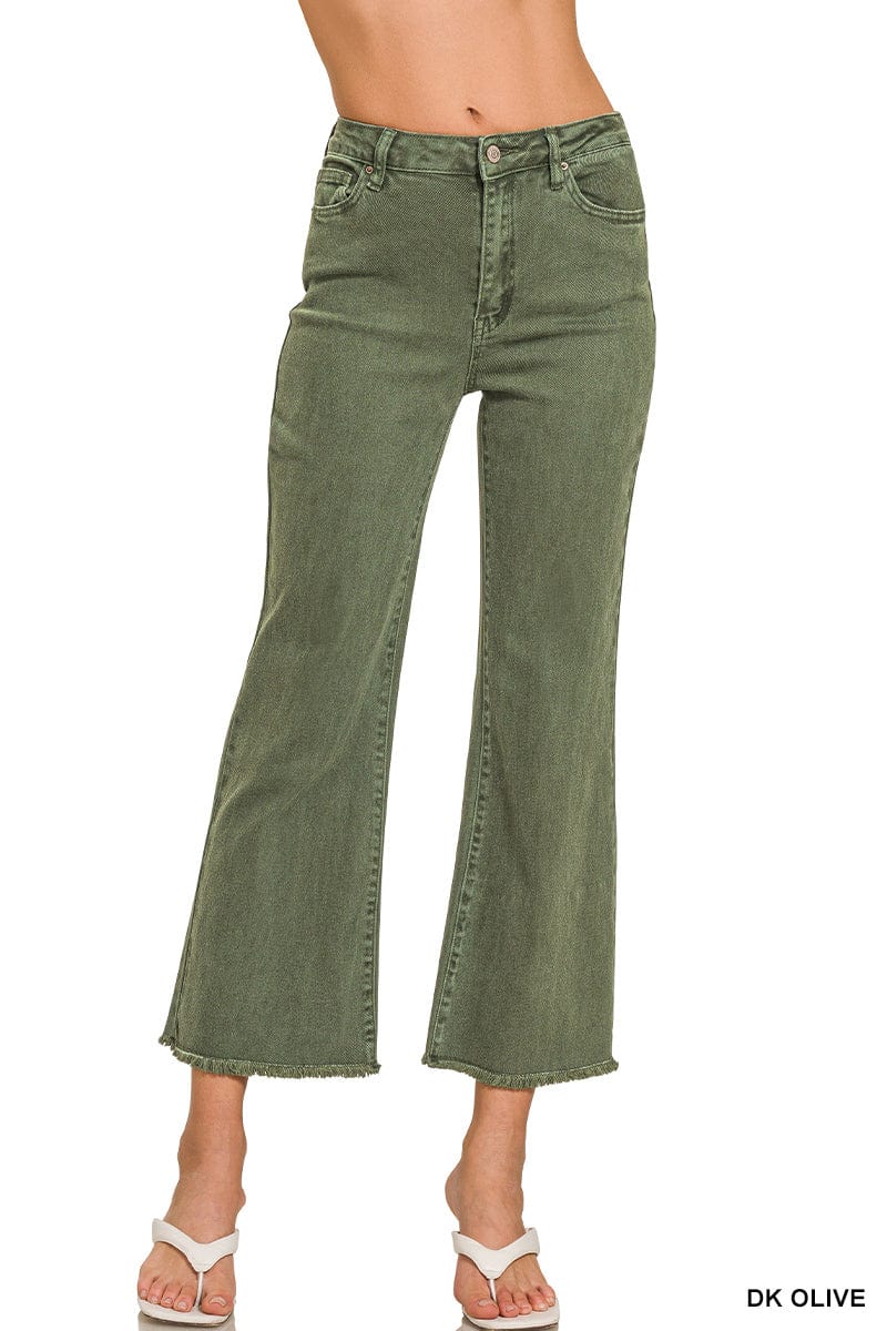 ACID WASHED HIGH WAIST FRAYED HEM BOOTCUT PANTS ZENANA