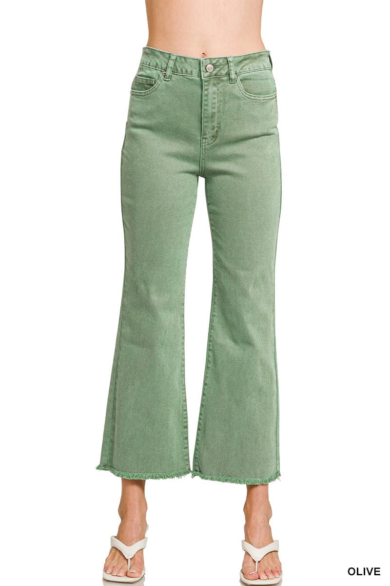 ACID WASHED HIGH WAIST FRAYED HEM BOOTCUT PANTS ZENANA