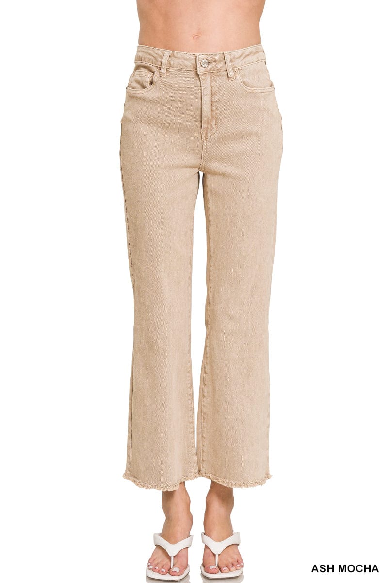 ACID WASHED HIGH WAIST FRAYED HEM BOOTCUT PANTS ZENANA