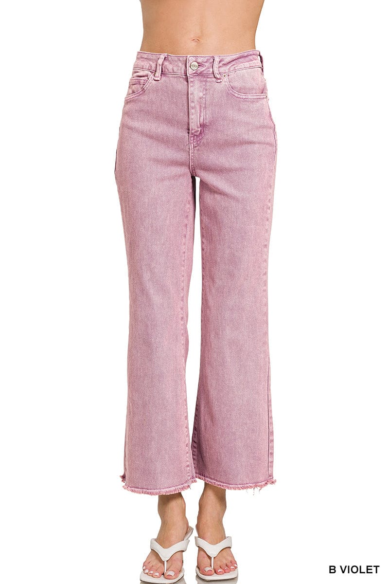 ACID WASHED HIGH WAIST FRAYED HEM BOOTCUT PANTS ZENANA