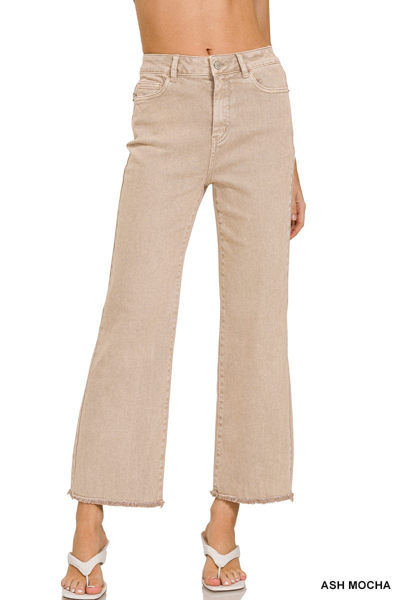 ACID WASHED HIGH WAIST FRAYED HEM BOOTCUT PANTS ZENANA