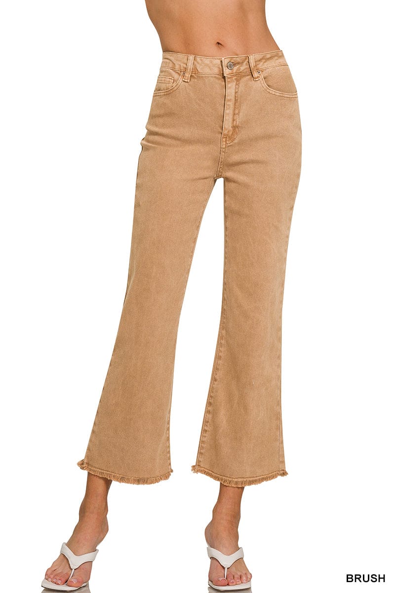 ACID WASHED HIGH WAIST FRAYED HEM BOOTCUT PANTS ZENANA