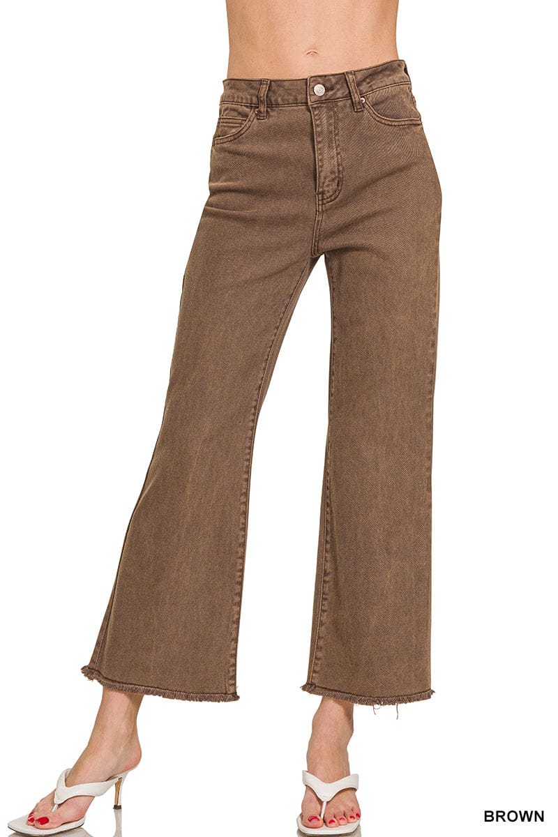 ACID WASHED HIGH WAIST FRAYED HEM BOOTCUT PANTS ZENANA