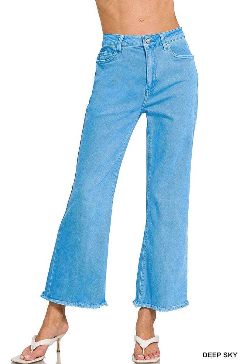 ACID WASHED HIGH WAIST FRAYED HEM BOOTCUT PANTS ZENANA