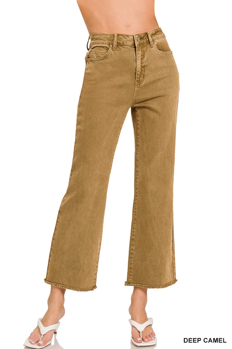 ACID WASHED HIGH WAIST FRAYED HEM BOOTCUT PANTS ZENANA