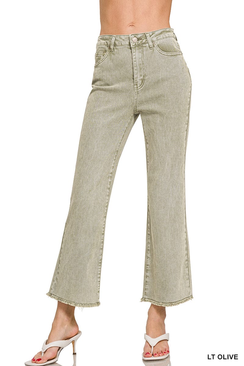 ACID WASHED HIGH WAIST FRAYED HEM BOOTCUT PANTS ZENANA