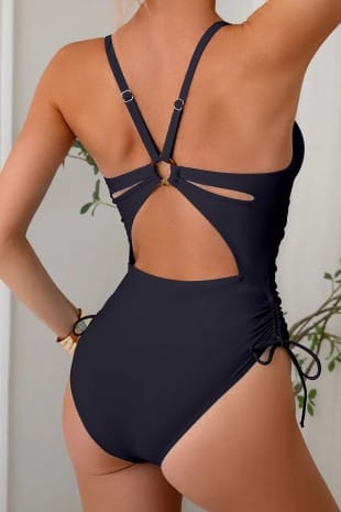 Black Ruched V Neck One Piece Swimsuit AIWEE