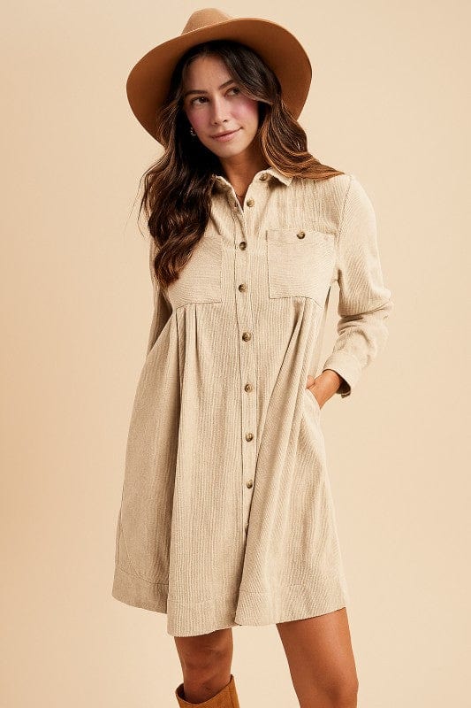 Corduroy Pintuck Detail Mini Shirt Dress-AnnieWear AnnieWear