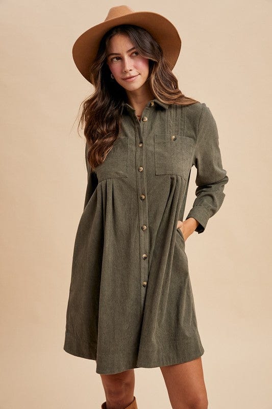 Corduroy Pintuck Detail Mini Shirt Dress-AnnieWear AnnieWear