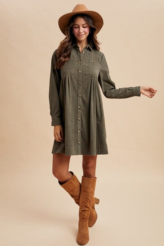 Corduroy Pintuck Detail Mini Shirt Dress-AnnieWear AnnieWear