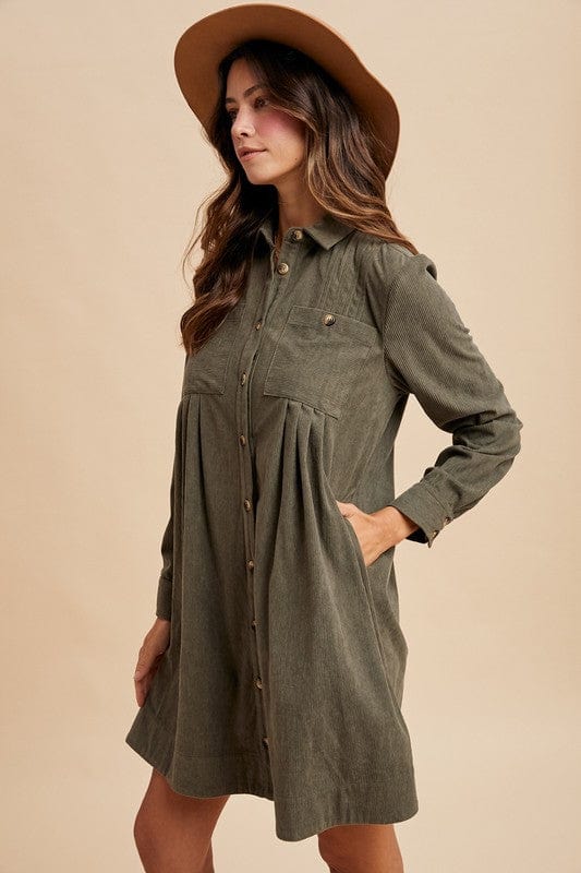 Corduroy Pintuck Detail Mini Shirt Dress-AnnieWear AnnieWear