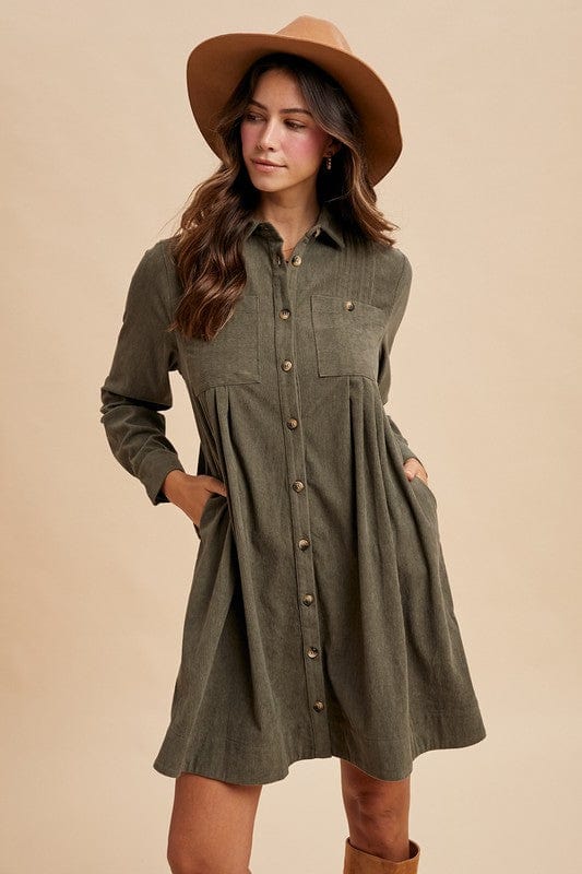 Corduroy Pintuck Detail Mini Shirt Dress-AnnieWear AnnieWear
