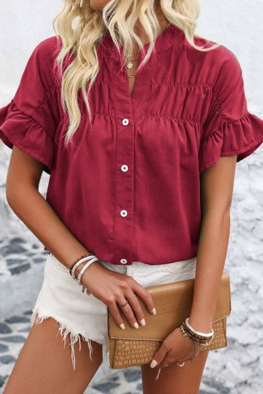 Cotton Linen Pleated Button Down Mandarin Collar Top-CRIMSON AIWEE S AXR530