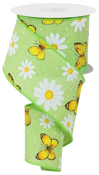 Daisies & Butterflies Wired Edge Ribbon, 10 Yards 2.5 Inch, Green Shirleys of Collins RGC198509