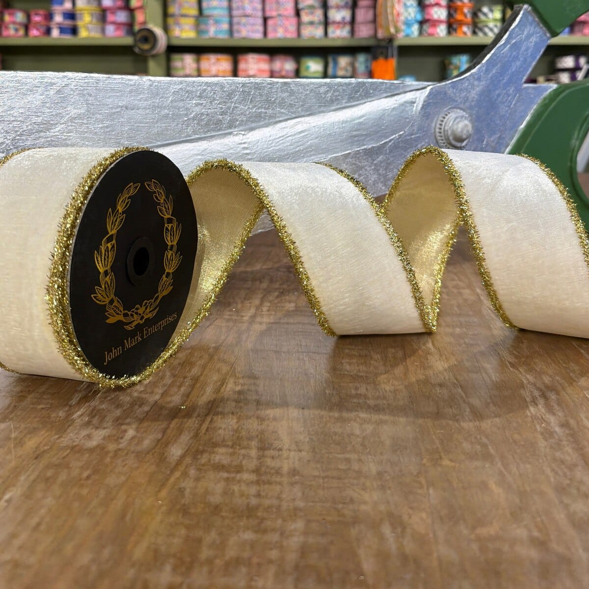 John Mark - 2.5"x10yd - Velvet Metallic Dupion DBL Fused Tinsel Edge White John Mark JME-WN25-063-W-2.5