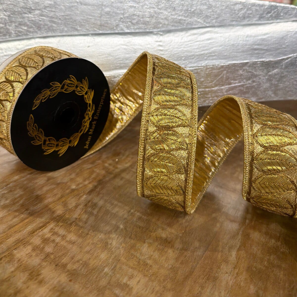 John Mark Ribbon - 1.5"x5yd - Leaf Trim Metallic Dupion FSD Gold John Mark JME-WN25-070-GOLD-1.5
