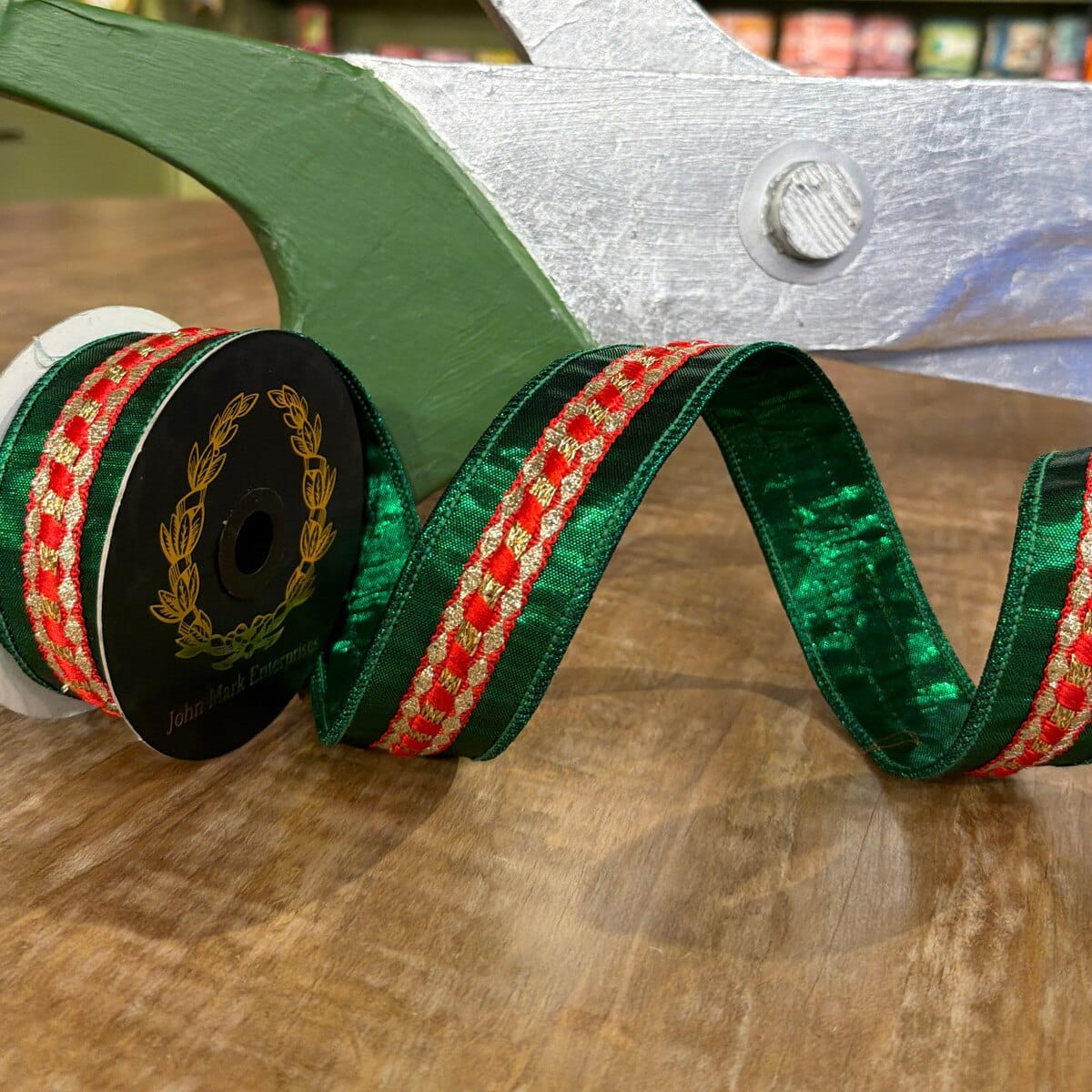 John Mark Ribbon - 1.5"x5yd - Red Trim Metallic Dupion Green John Mark JME-WN25-162-GRN-1.5