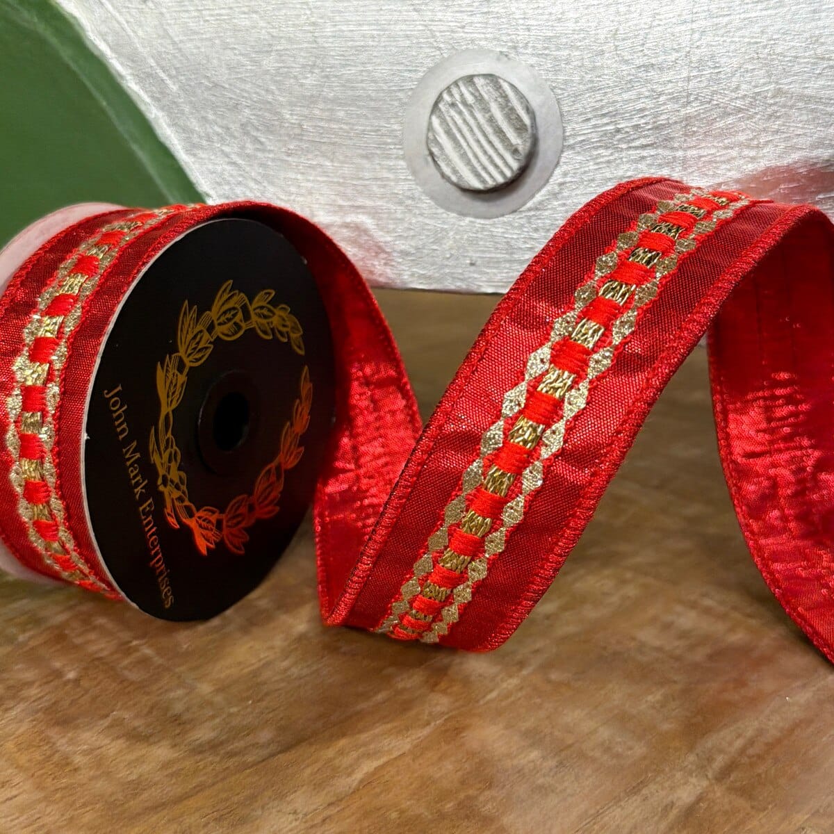 John Mark Ribbon - 1.5"x5yd - Red Trim Metallic Dupion John Mark JME-WN25-162-RED-1.5