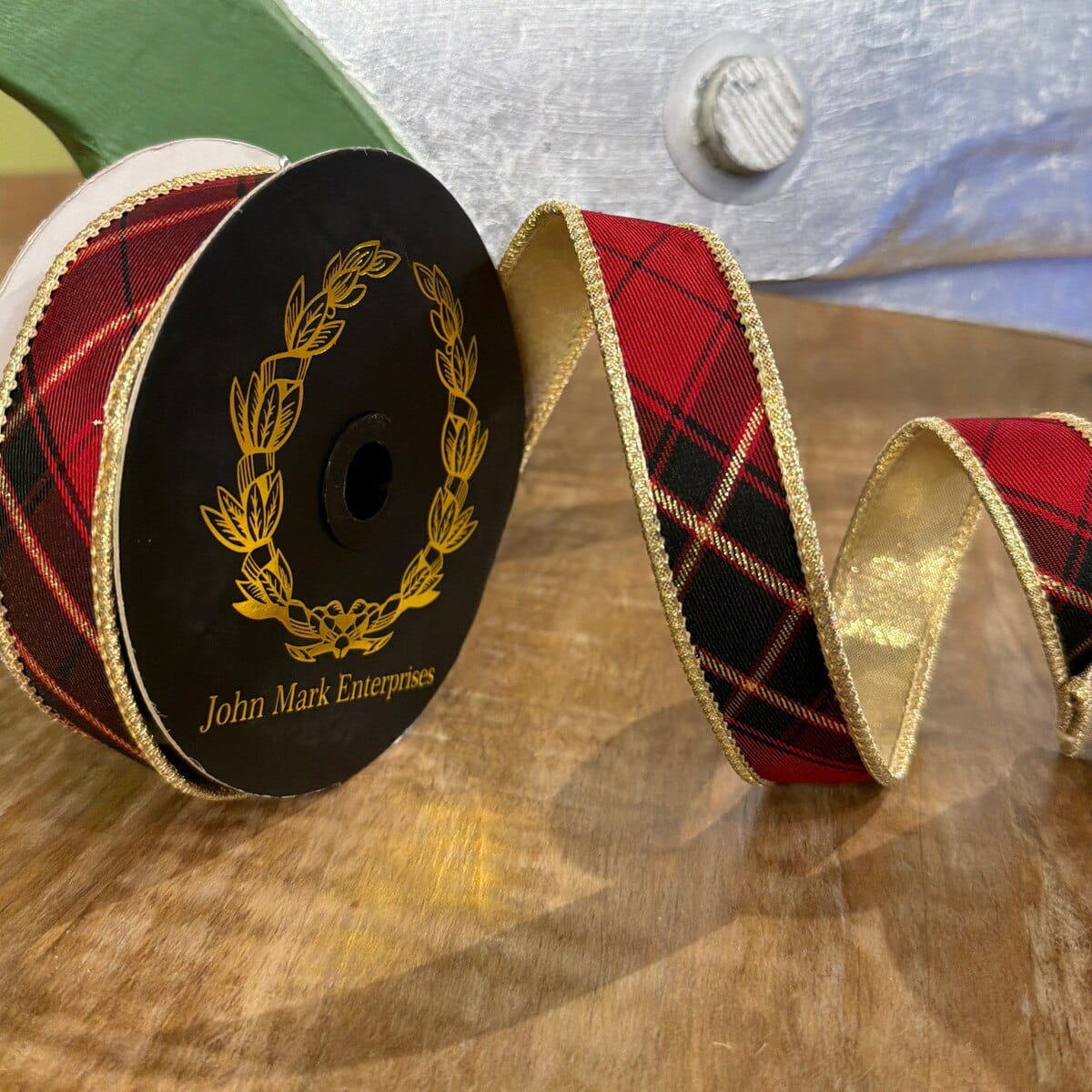 John Mark Ribbon - 1" X 10YD - Burgundy Plaid DBL Fused Metallic Gold John Mark JME-WN25-099-BURG-1