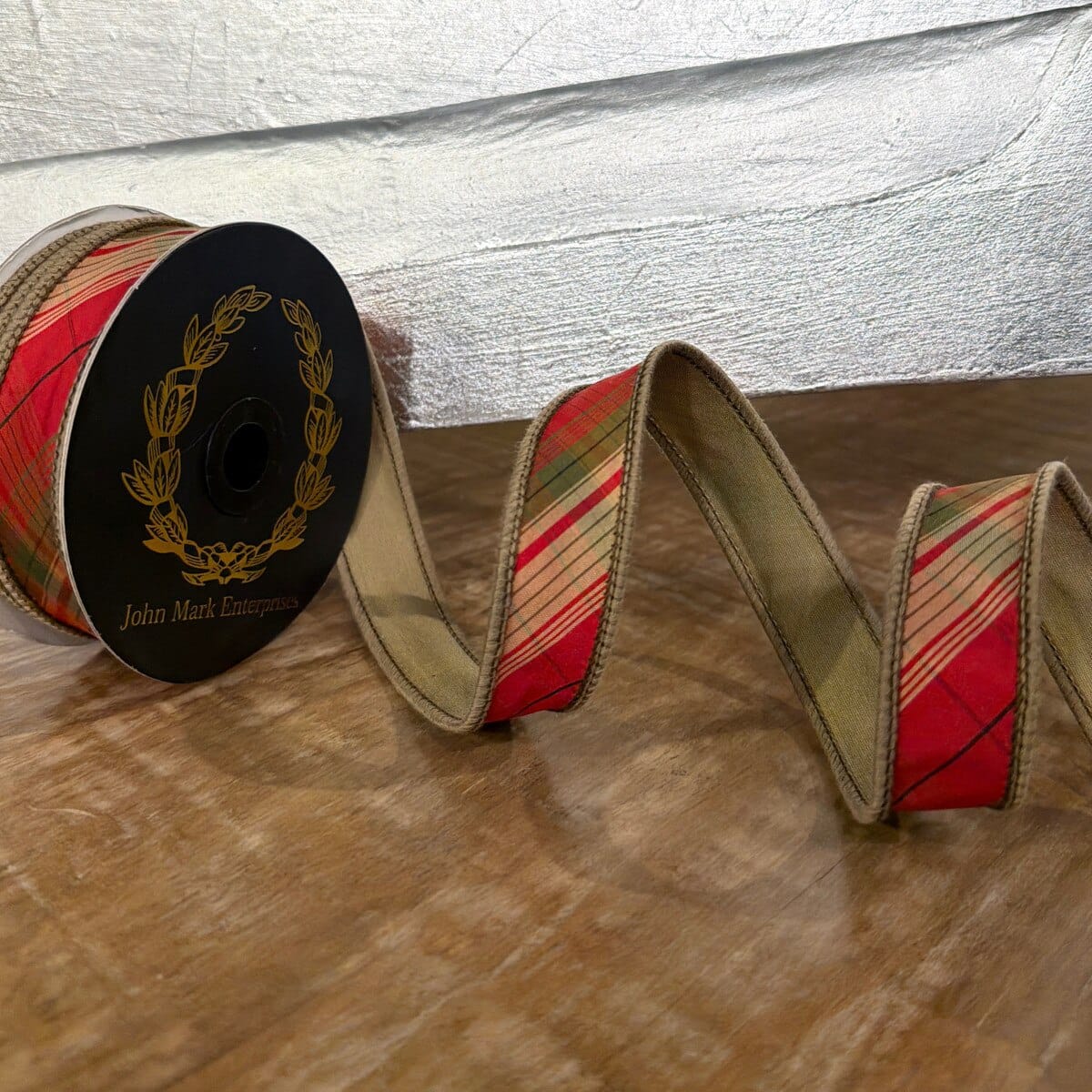 John Mark Ribbon -1"x10yd -Diagonal Plaid Tafetta Red/Olive John Mark JME-WN25-099-RED-1