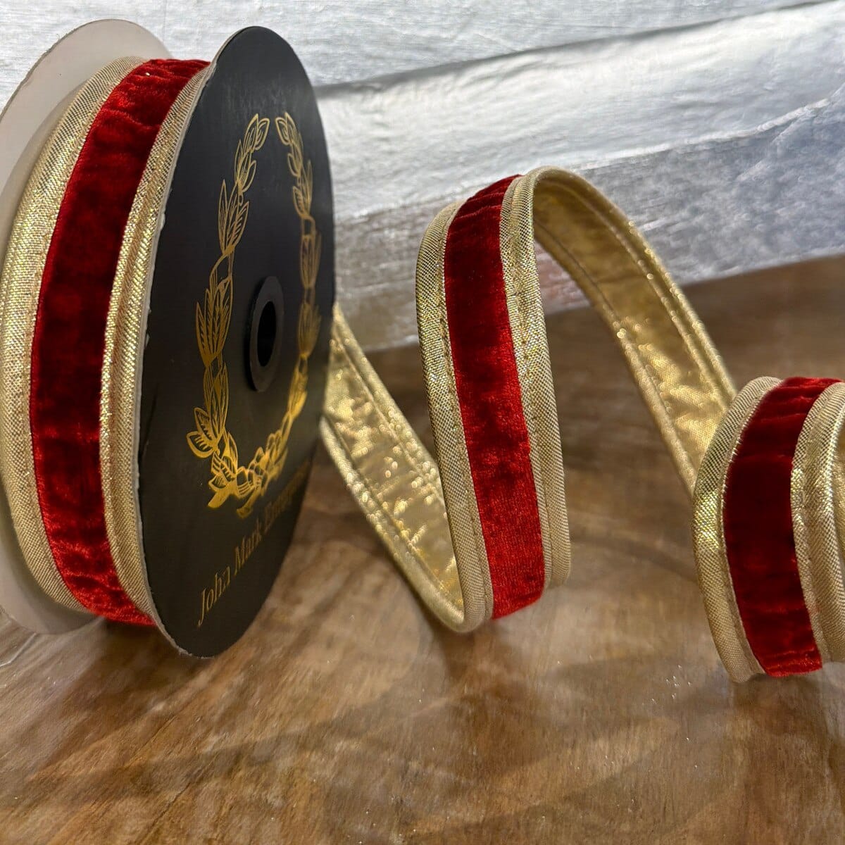 John Mark Ribbon - 1"X10YD - Red Velvet DBL Fused Metallic Dupion Gold Piping John Mark JME-WN25-024-RED-1