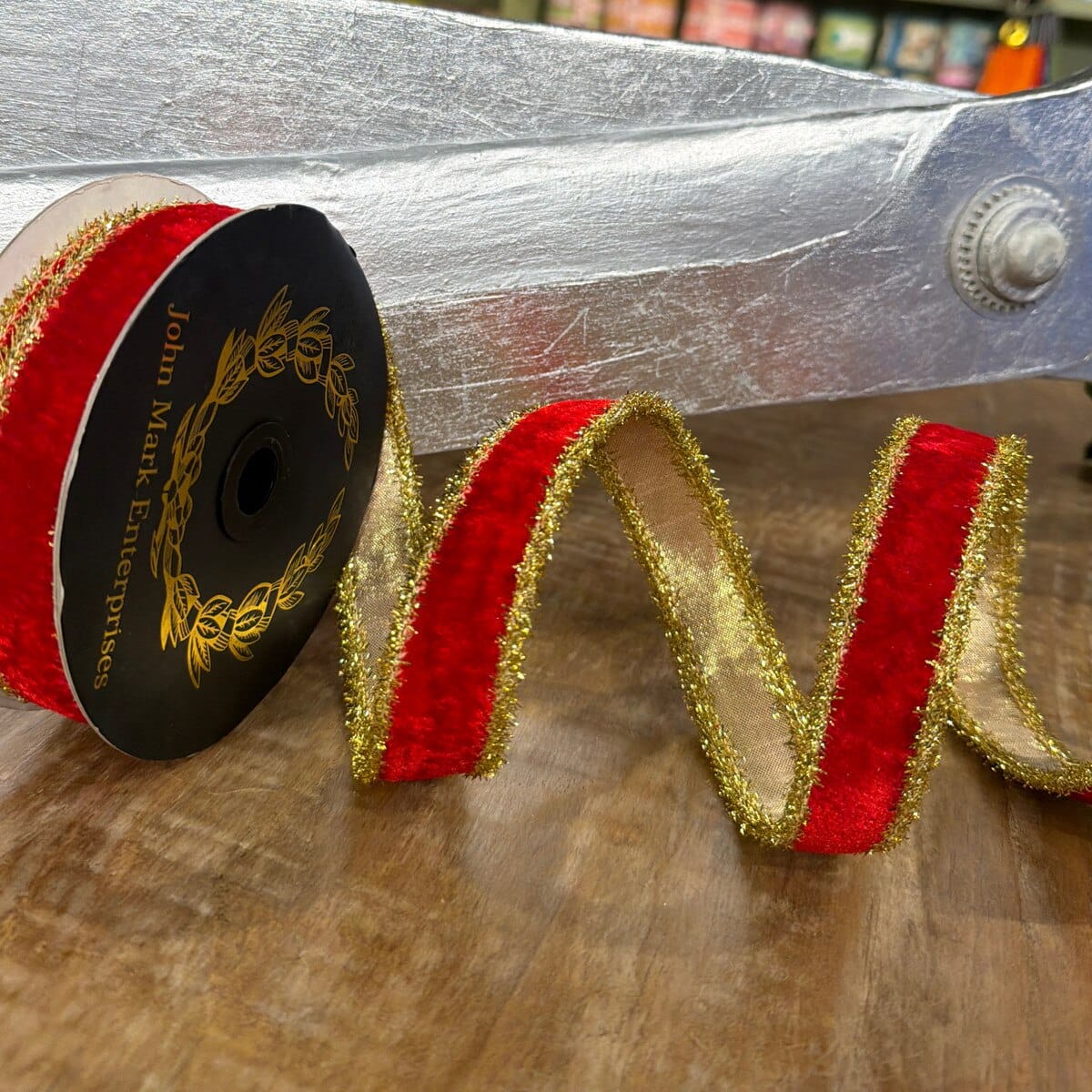 John Mark Ribbon - 1"x10yd - Velvet Metallic Dupion DBL Fused Tinsel Edge Red John Mark JME-WN25-063-RED-1