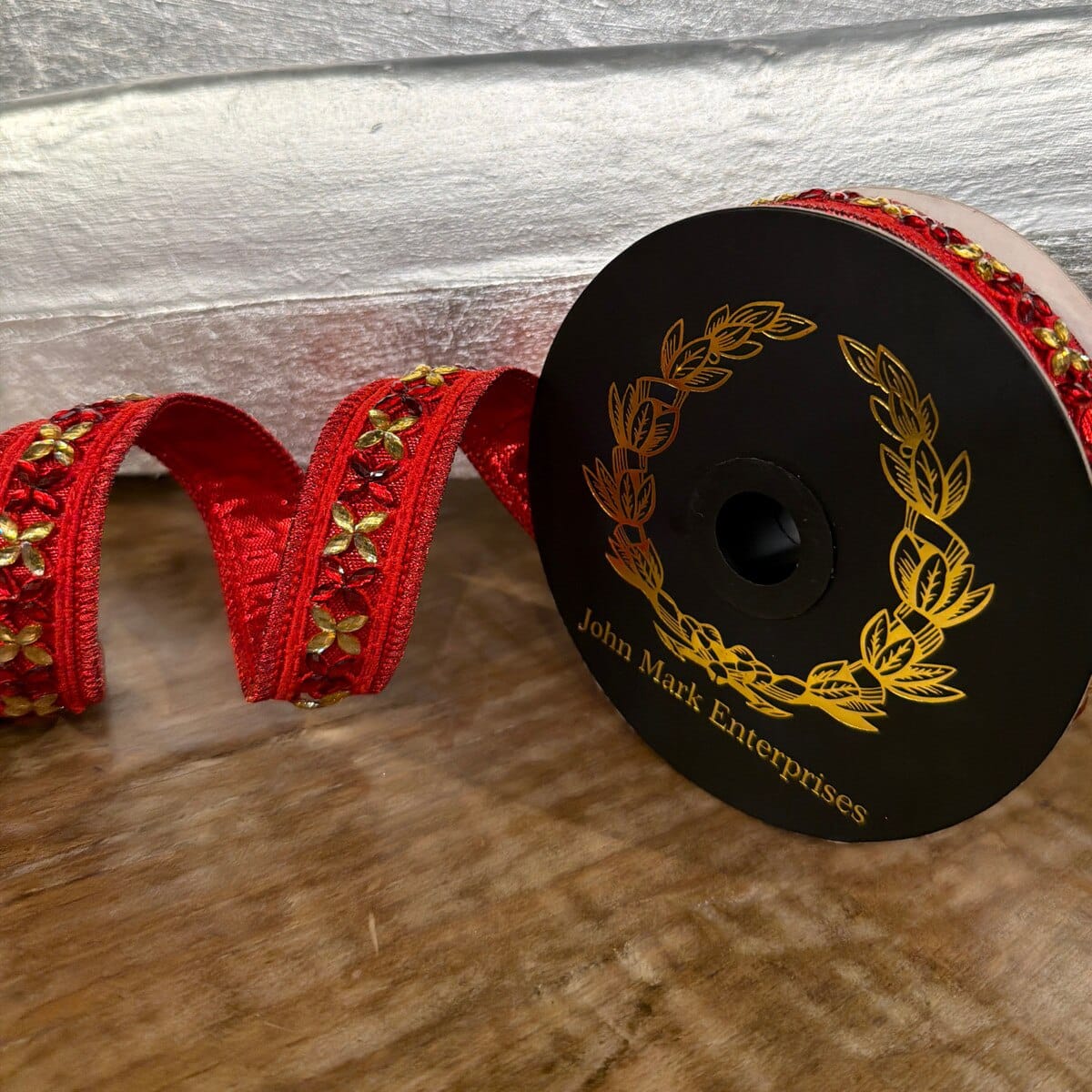 John Mark Ribbon - 1X5yd - Red Jeweled Trim Metallic Dupion Red John Mark JME-WN25-094-RED-1