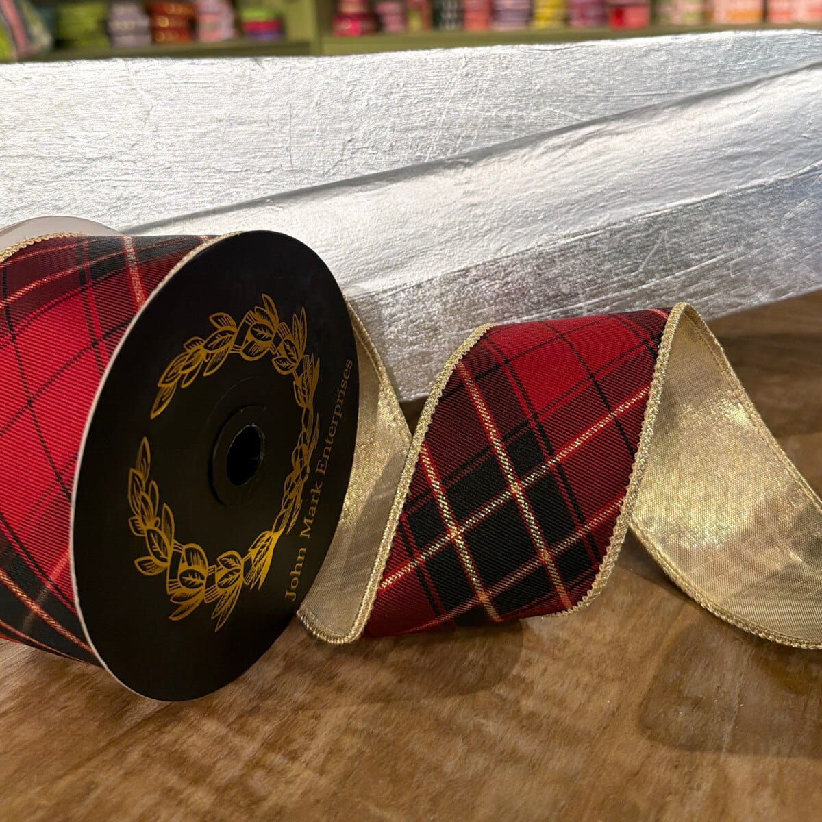 John Mark Ribbon - 2.5" X 10YD - Burgundy Plaid DBL Fused Metallic Gold John Mark JME-WN25-099-BURG-2.5