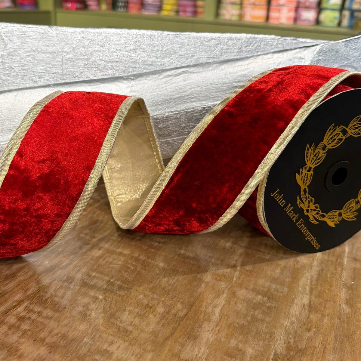John Mark Ribbon - 2.5"X10YD - Red Velvet DBL Fused Metallic Dupion Gold Piping John Mark JME-WN25-024-RED-2.5