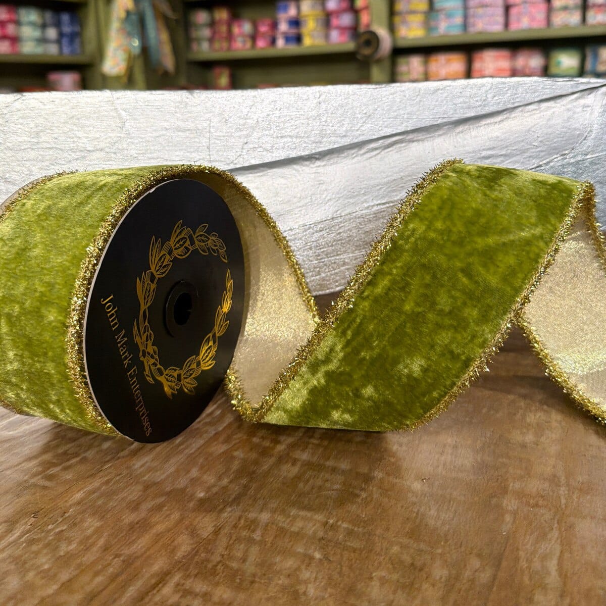John Mark Ribbon - 2.5"x10yd - Velvet Metallic Dupion DBL Fused Tinsel Edge Apple John Mark JME-WN25-063-APPLE-2.5