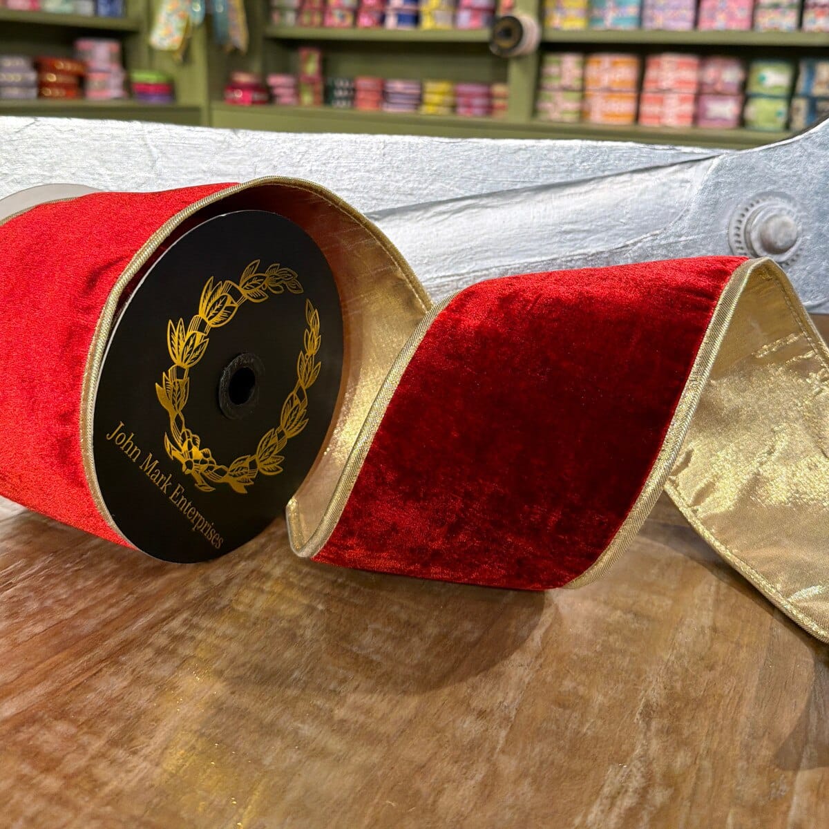 John Mark Ribbon - 4"x10YD - Red Velvet DBL Fused Metallic Dupion Gold Piping John Mark JME-WN25-024-RED-4