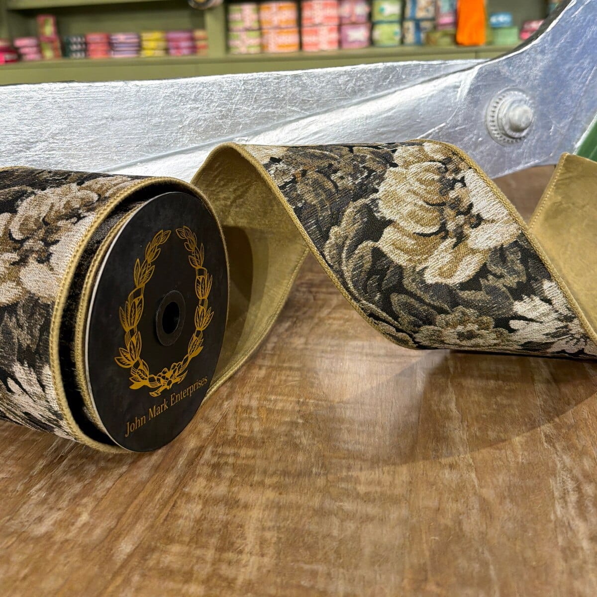 John Mark Ribbon - 4"x10yd - Tapestry Floral Taffeta John Mark JME-WN25-150-TAUPE-4