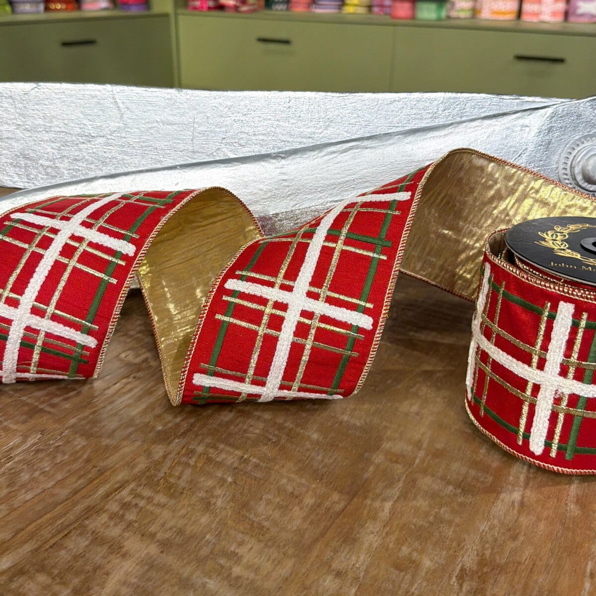 John Mark Ribbon - 4"x5yd - EMB Red, Gold, Green Plaid Dupion John Mark JME-WN25-174-RED-4