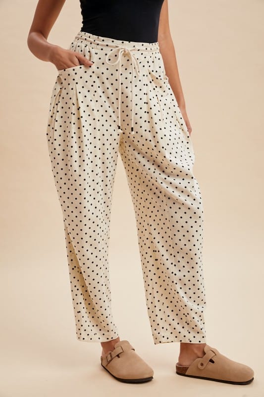 Linen Blend Polka Dot Barrel Leg Pants AnnieWear