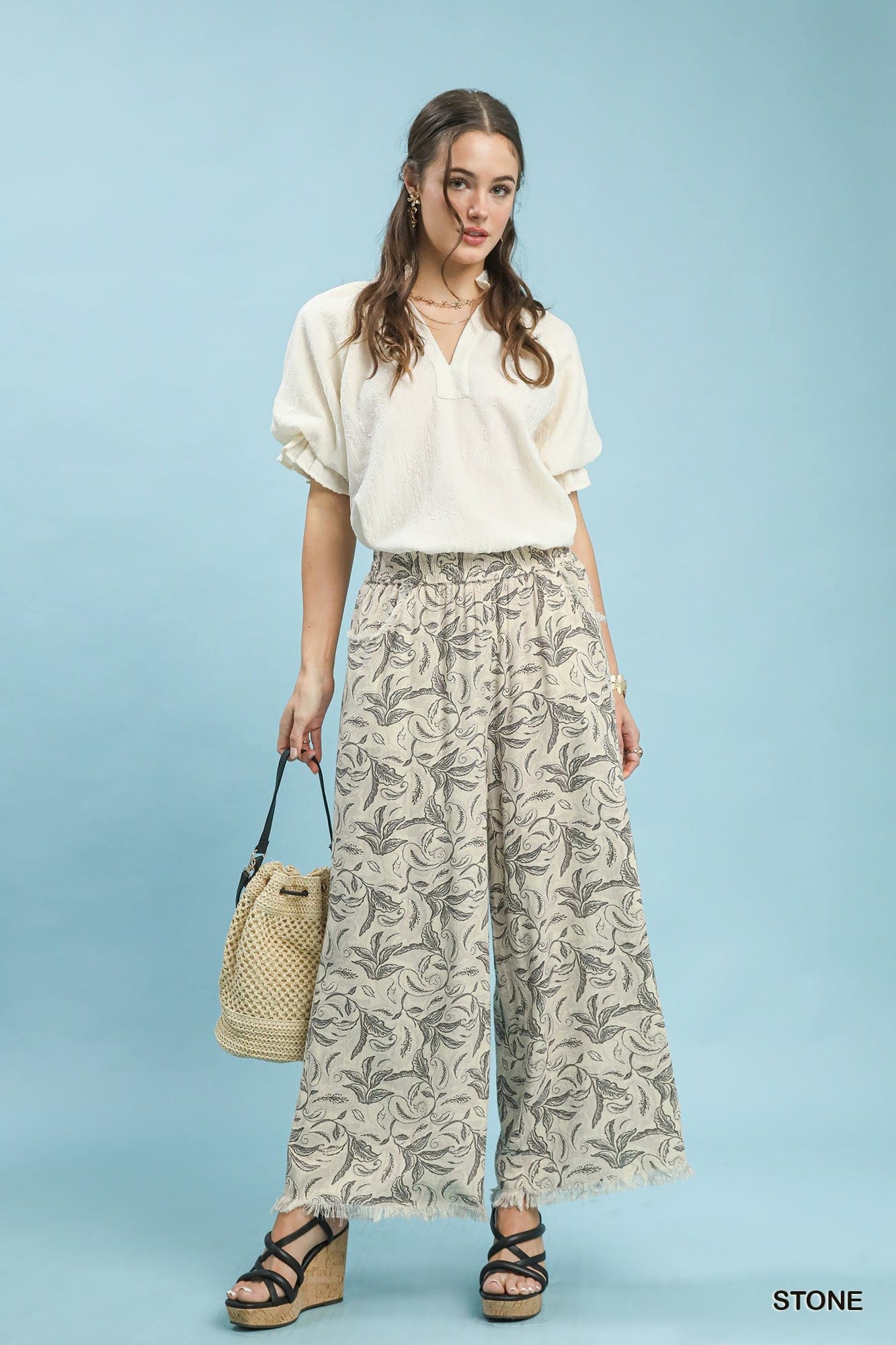 Linen Printed Wide Leg Raw Hem Pants Umgee
