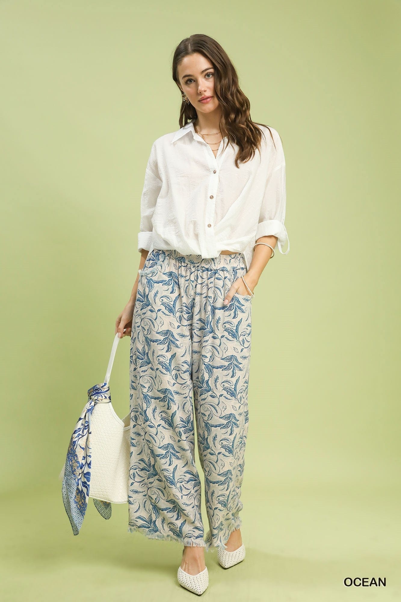 Linen Printed Wide Leg Raw Hem Pants Umgee