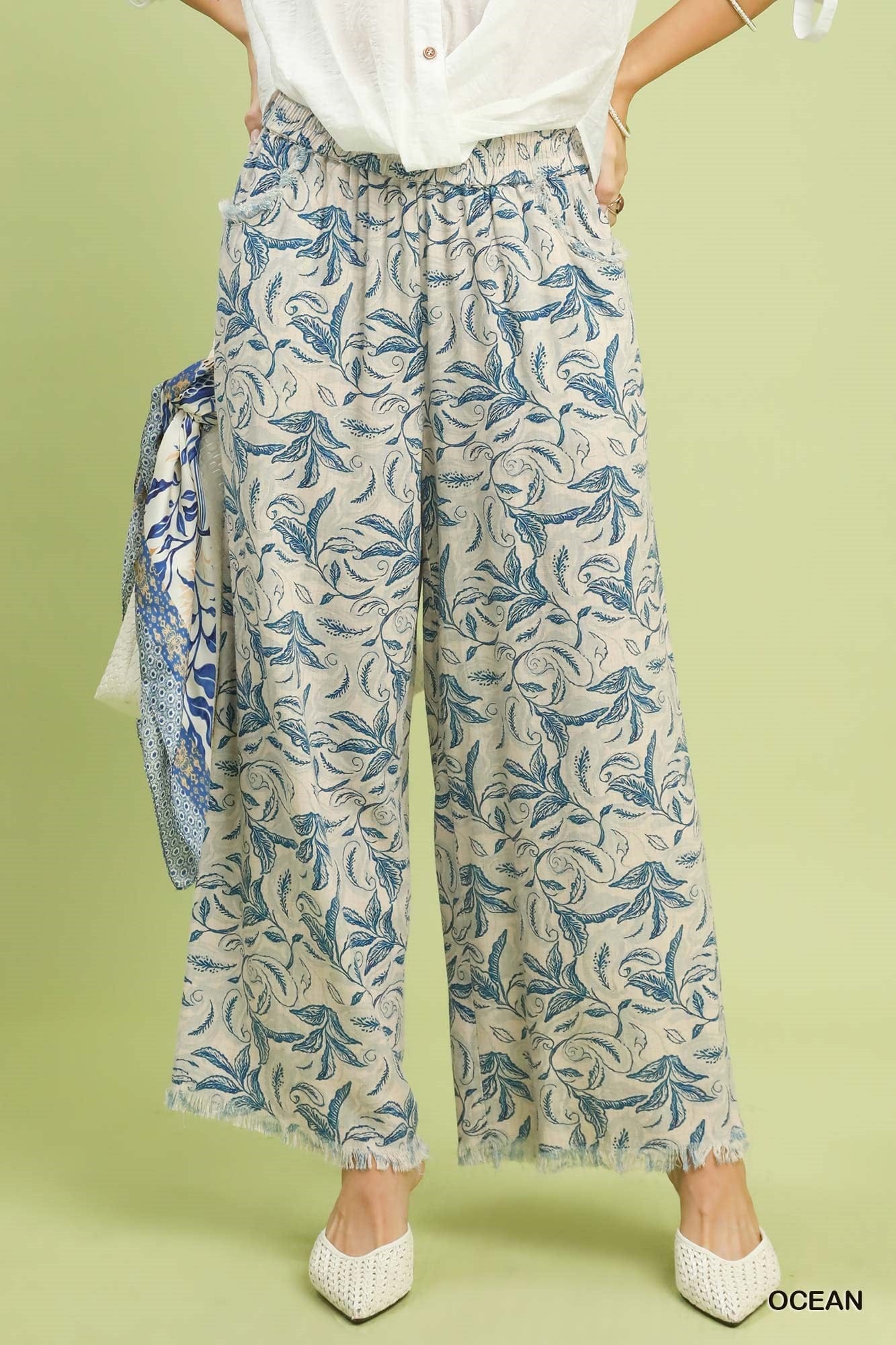 Linen Printed Wide Leg Raw Hem Pants Umgee
