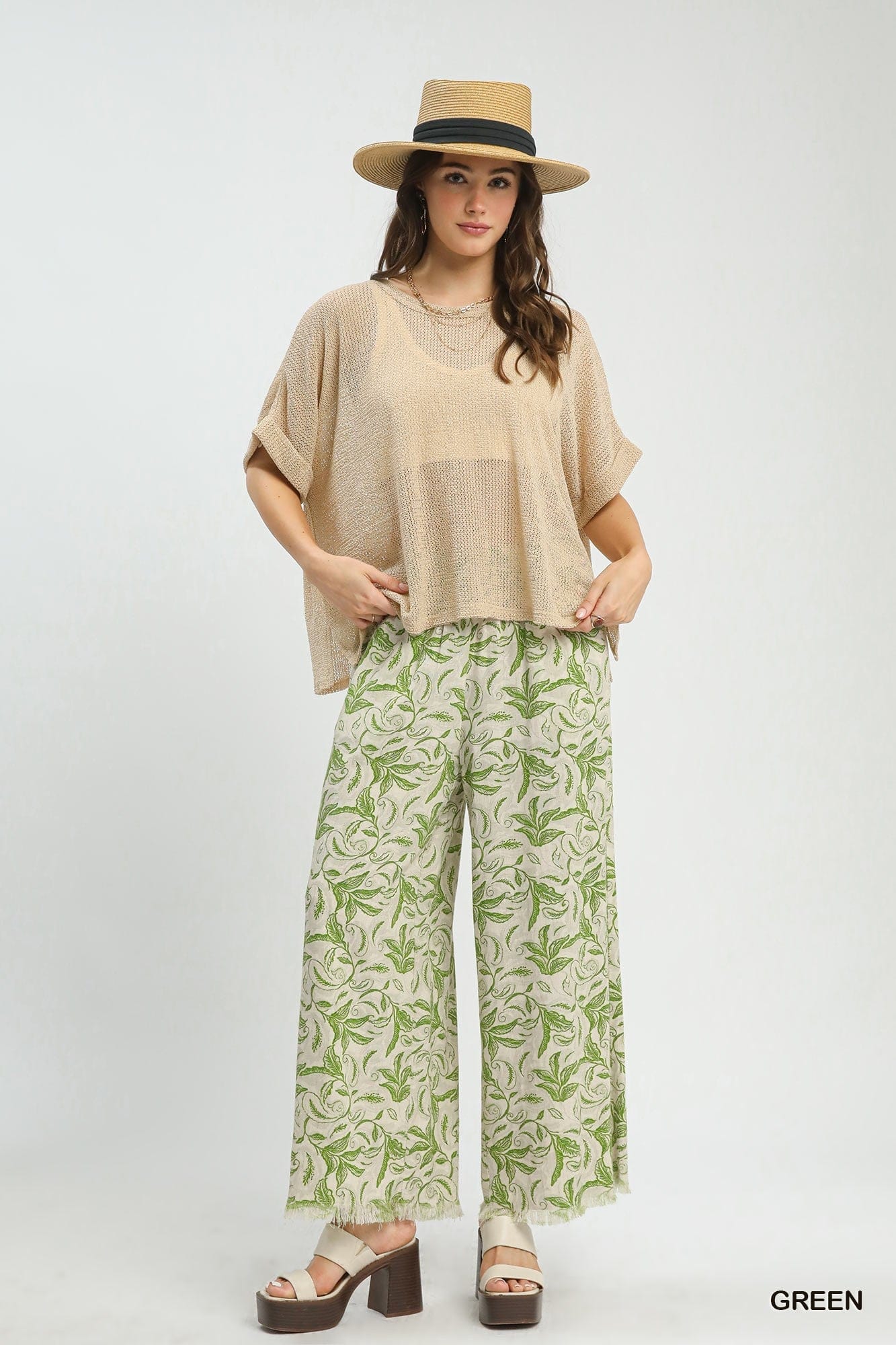 Linen Printed Wide Leg Raw Hem Pants Umgee