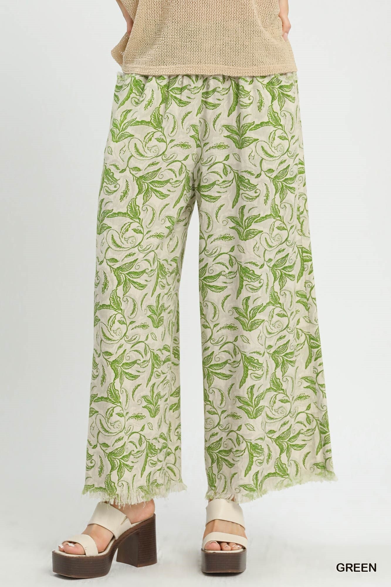 Linen Printed Wide Leg Raw Hem Pants Umgee