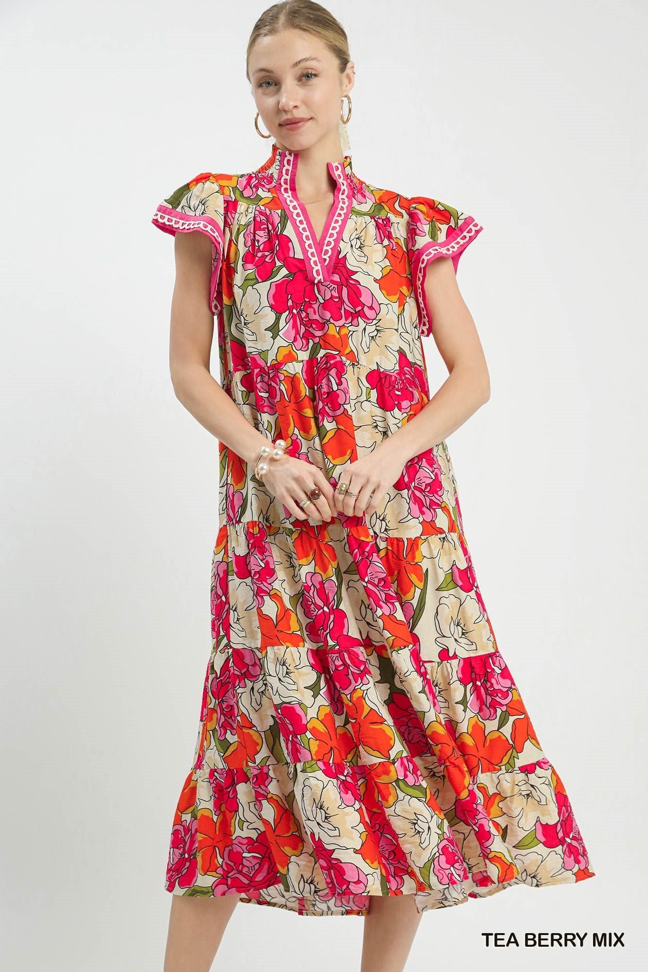 Mix Bold Floral Tiered Midi Dress Umgee