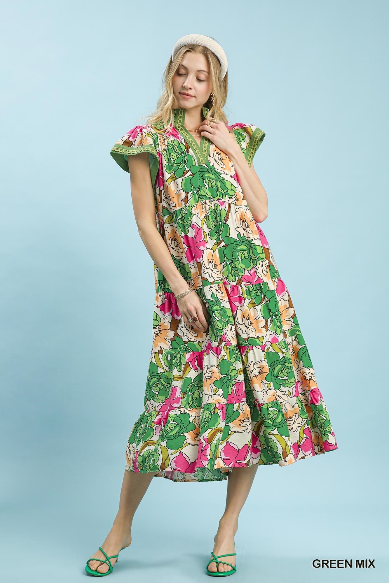 Mix Bold Floral Tiered Midi Dress Umgee