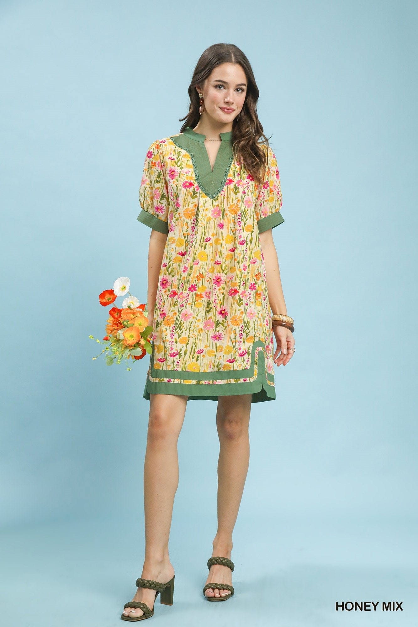 Mix Floral Puff Sleeve Dress Umgee