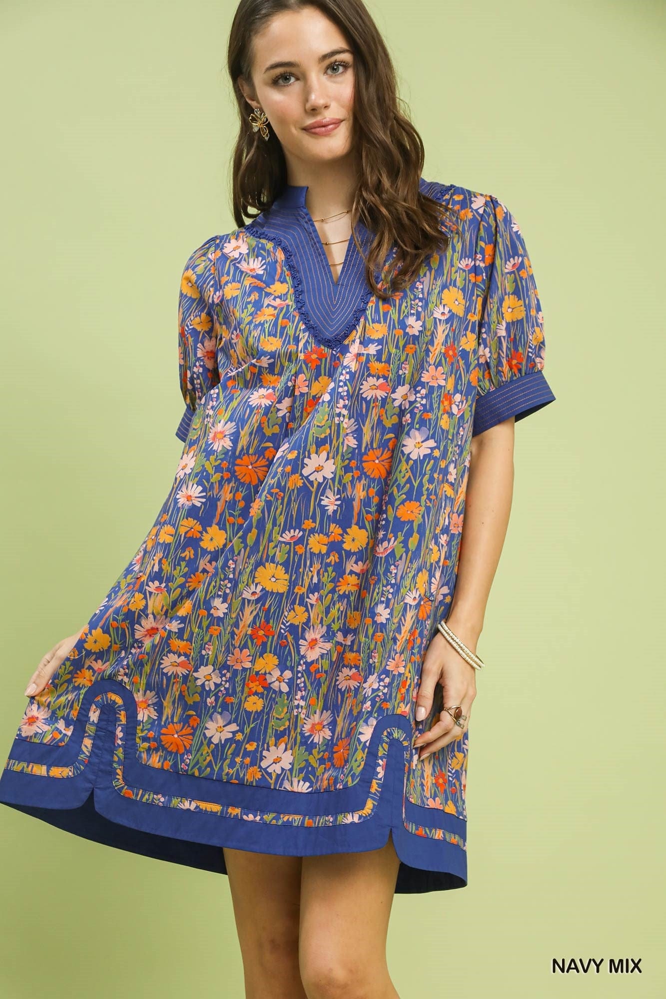 Mix Floral Puff Sleeve Dress Umgee