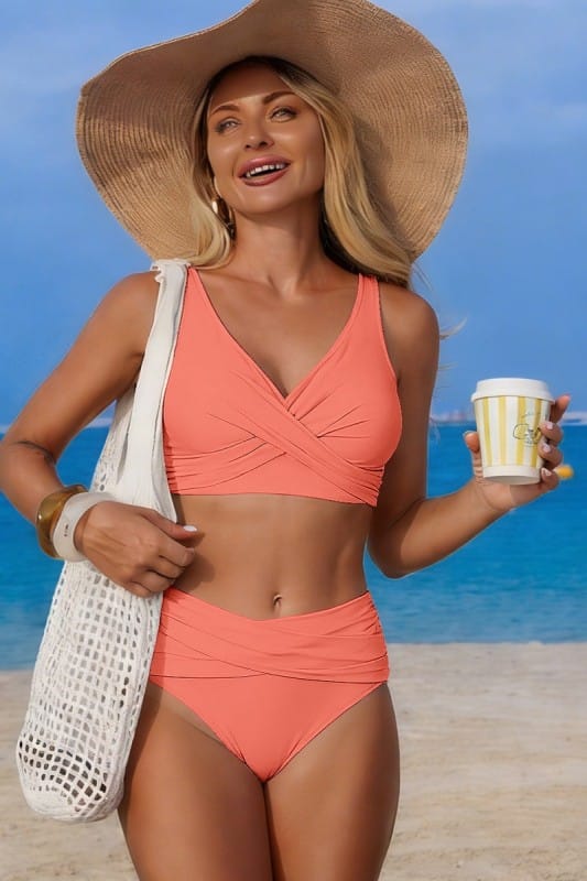 Pink Wrap Front High Waist Bikini 2pc Set Orange AIWEE