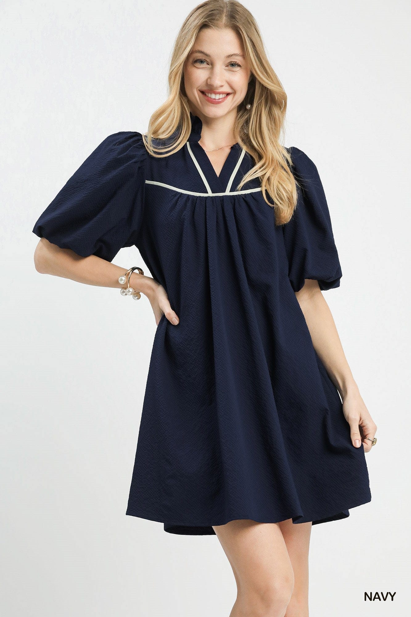 Seersucker Puff Sleeve Dress Umgee