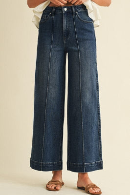 Stretch High Rise Pin Tuck Detail Wide Leg Jean-DARK DENIM